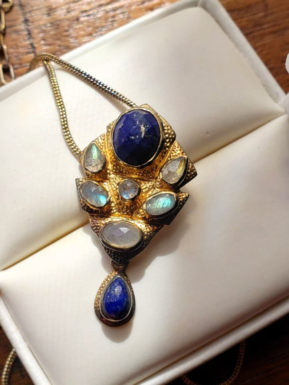 Vintage Signed MM Lapis Lazuli & Rainbow Moonstone Statement Necklace